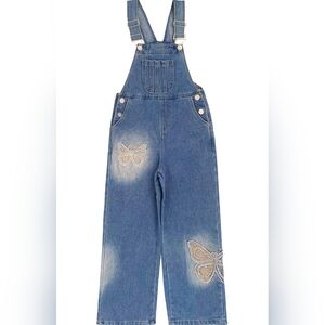 Denim Blue Kids Overalls with Butterfly Embroidery
